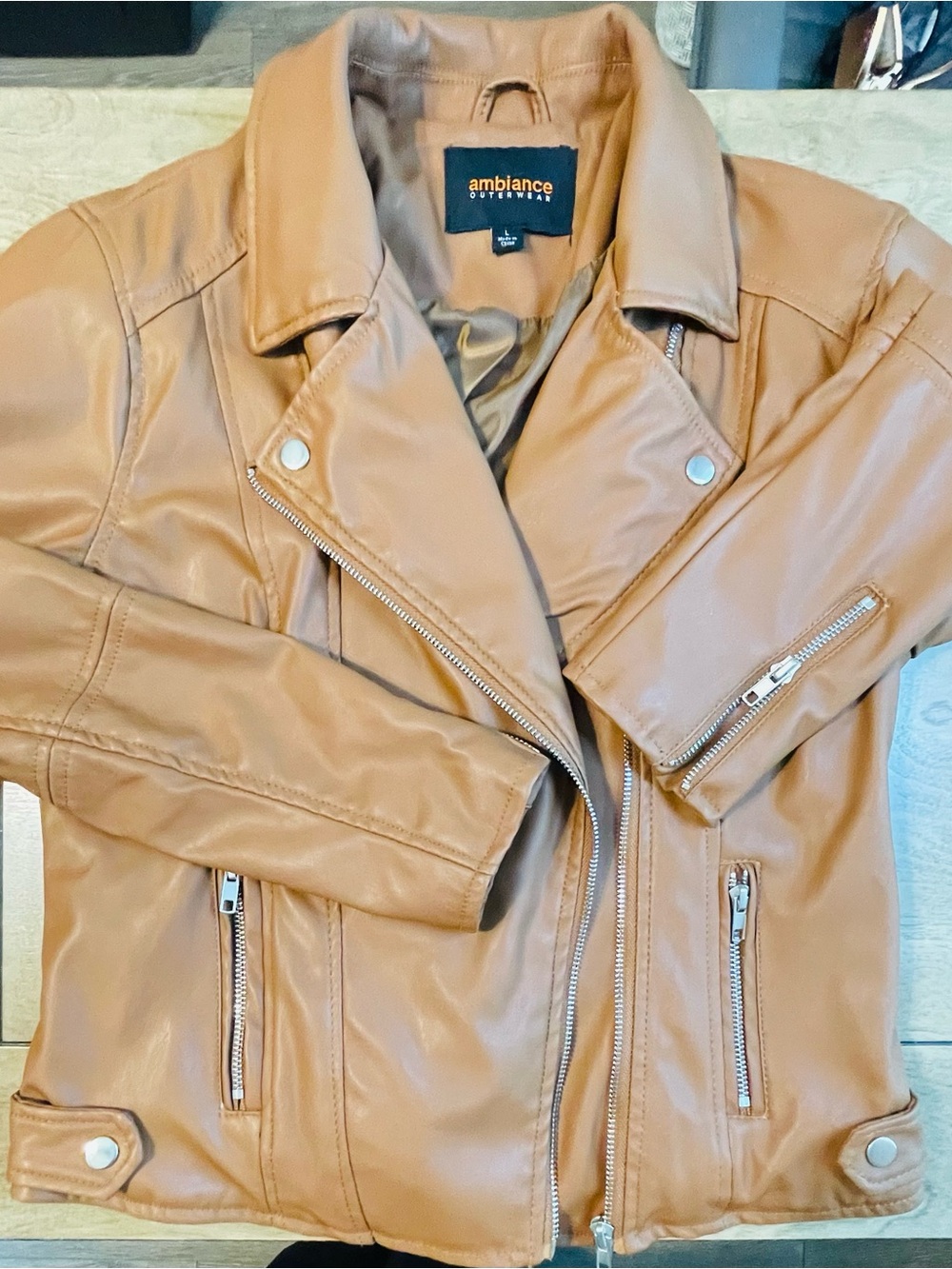 Ambiance Tan Faux Leather Moto Jacket with Silver Hardware